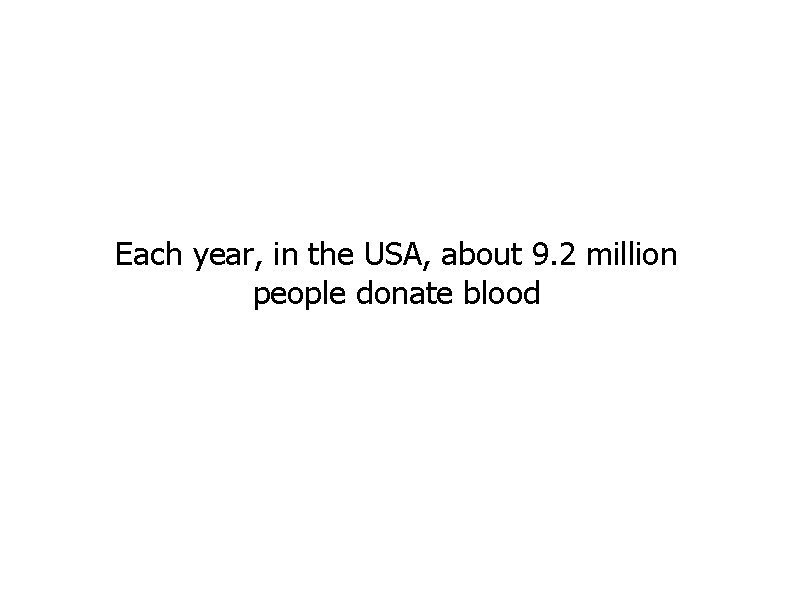 Each year, in the USA, about 9. 2 million people donate blood 