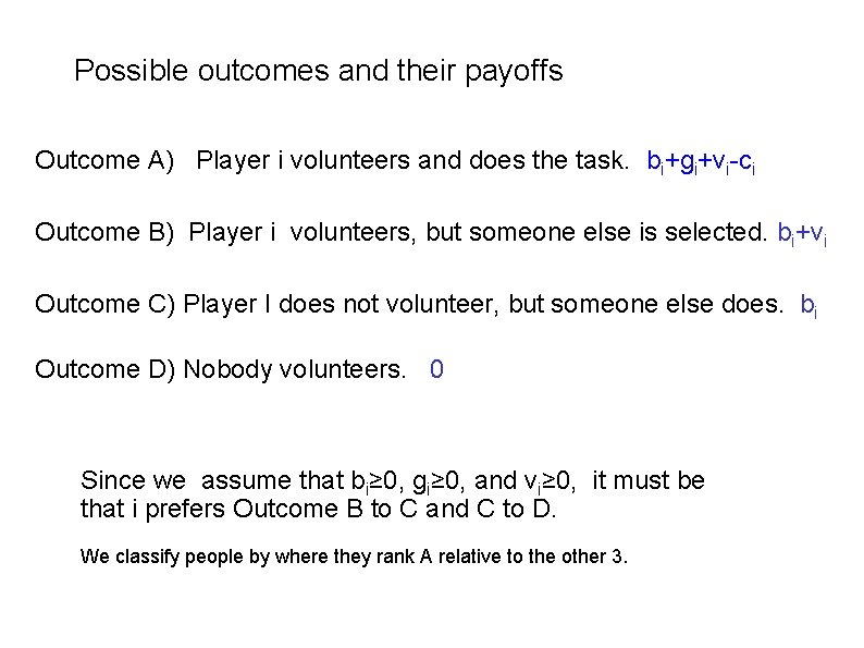 Possible outcomes and their payoffs Outcome A) Player i volunteers and does the task.