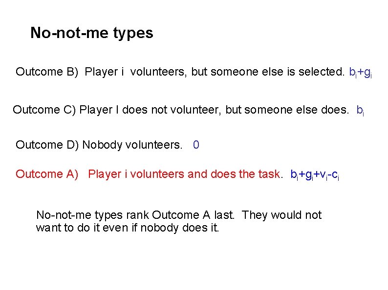 No-not-me types Outcome B) Player i volunteers, but someone else is selected. bi+gi Outcome