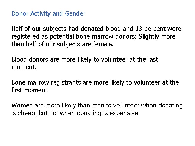 Donor Activity and Gender Half of our subjects had donated blood and 13 percent