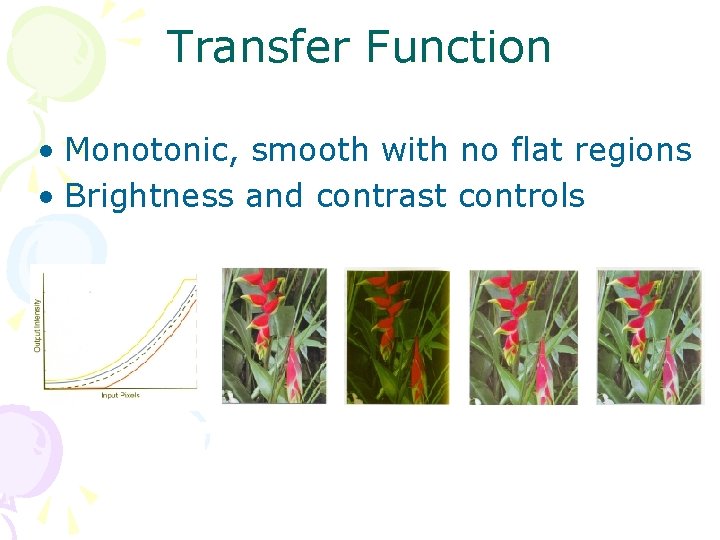 Transfer Function • Monotonic, smooth with no flat regions • Brightness and contrast controls