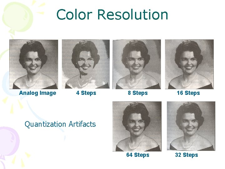 Color Resolution Analog Image 4 Steps 8 Steps 16 Steps Quantization Artifacts 64 Steps