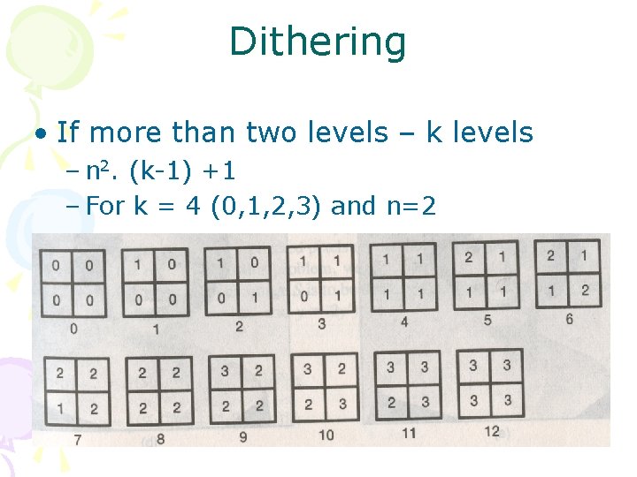 Dithering • If more than two levels – k levels – n 2. (k-1)