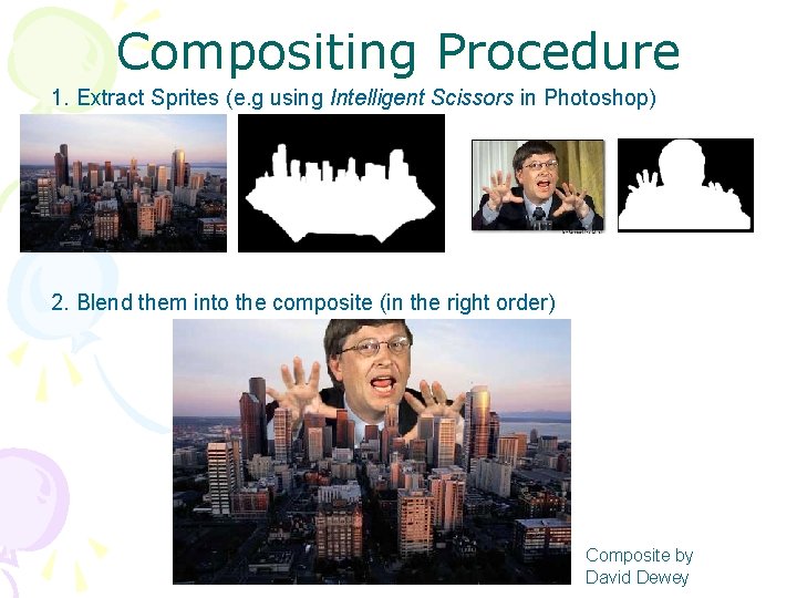 Compositing Procedure 1. Extract Sprites (e. g using Intelligent Scissors in Photoshop) 2. Blend