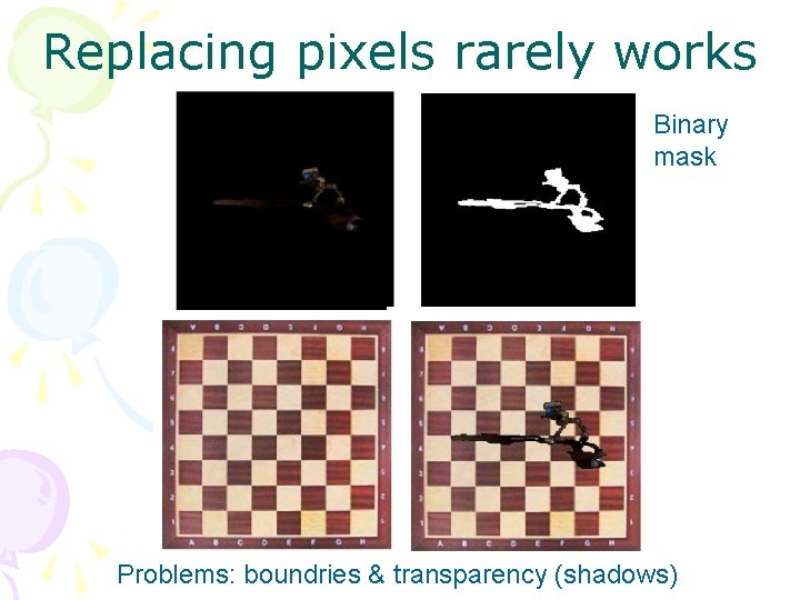 Replacing pixels rarely works Binary mask Problems: boundries & transparency (shadows) 