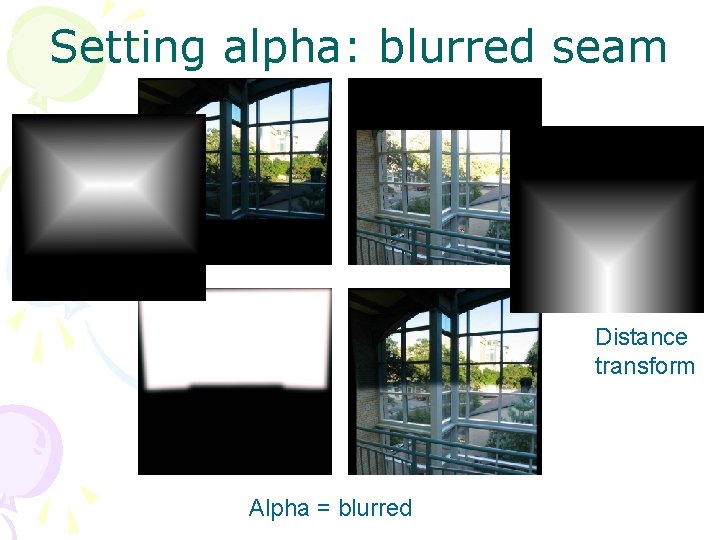 Setting alpha: blurred seam Distance transform Alpha = blurred 