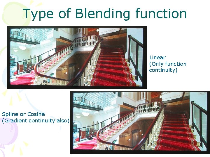 Type of Blending function Linear (Only function continuity) Spline or Cosine (Gradient continuity also)