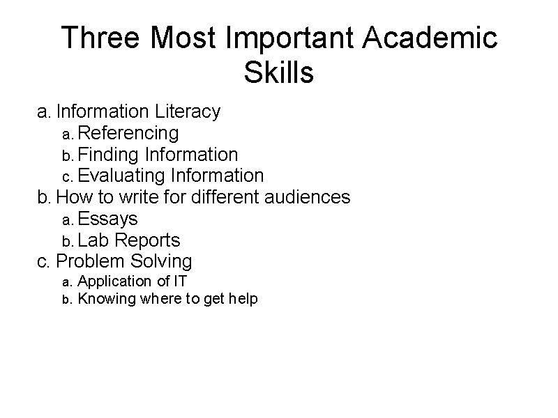 Three Most Important Academic Skills a. Information Literacy a. Referencing b. Finding Information c.