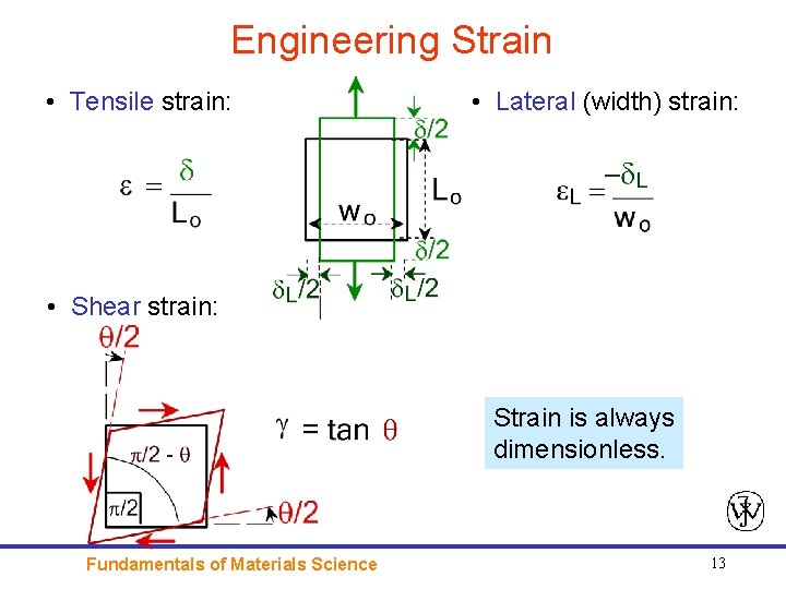 Engineering Strain • Tensile strain: • Lateral (width) strain: • Shear strain: Strain is