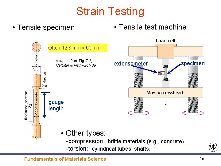 Strain Testing • Tensile specimen • Tensile test machine Often 12. 8 mm x
