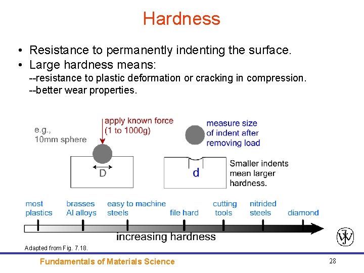 Hardness • Resistance to permanently indenting the surface. • Large hardness means: --resistance to