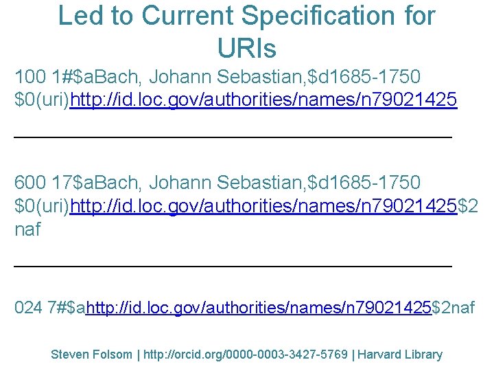 Led to Current Specification for URIs 100 1#$a. Bach, Johann Sebastian, $d 1685 -1750
