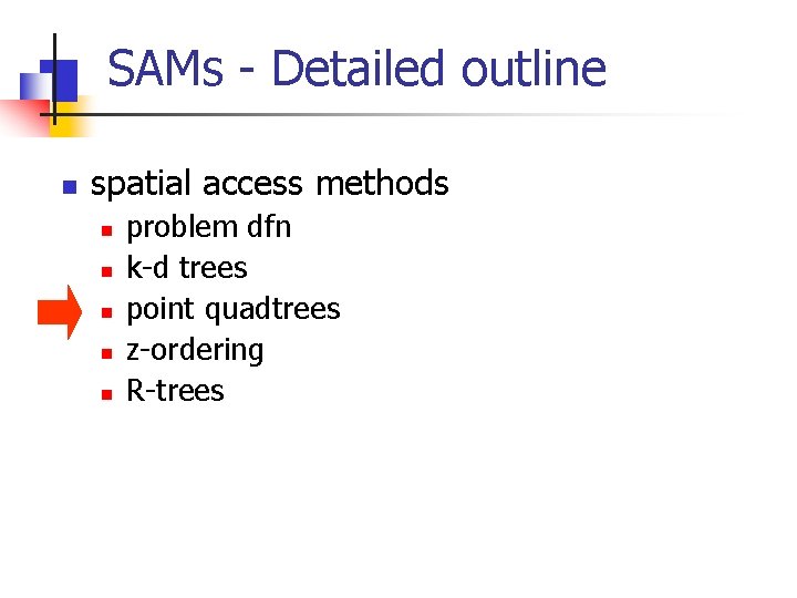 SAMs - Detailed outline n spatial access methods n n n problem dfn k-d