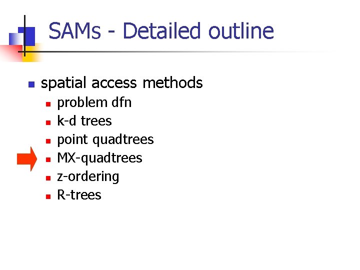 SAMs - Detailed outline n spatial access methods n n n problem dfn k-d