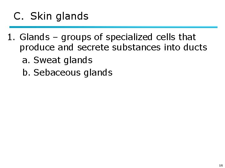 C. Skin glands 1. Glands – groups of specialized cells that produce and secrete