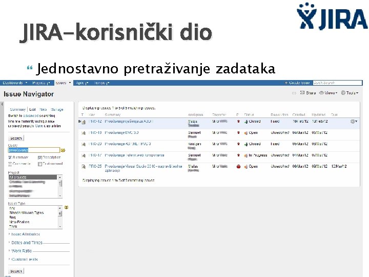 JIRA-korisnički dio Jednostavno pretraživanje zadataka 