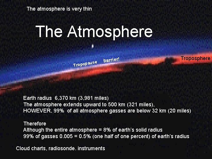 The atmosphere is very thin The Atmosphere ause Tropop barrier! Troposphere Earth radius 6, The atmosphere is very thin The Atmosphere ause Tropop barrier! Troposphere Earth radius 6,