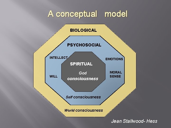 A conceptual model BIOLOGICAL PSYCHOSOCIAL INTELLECT EMOTIONS SPIRITUAL WILL God consciousness MORAL SENSE Self