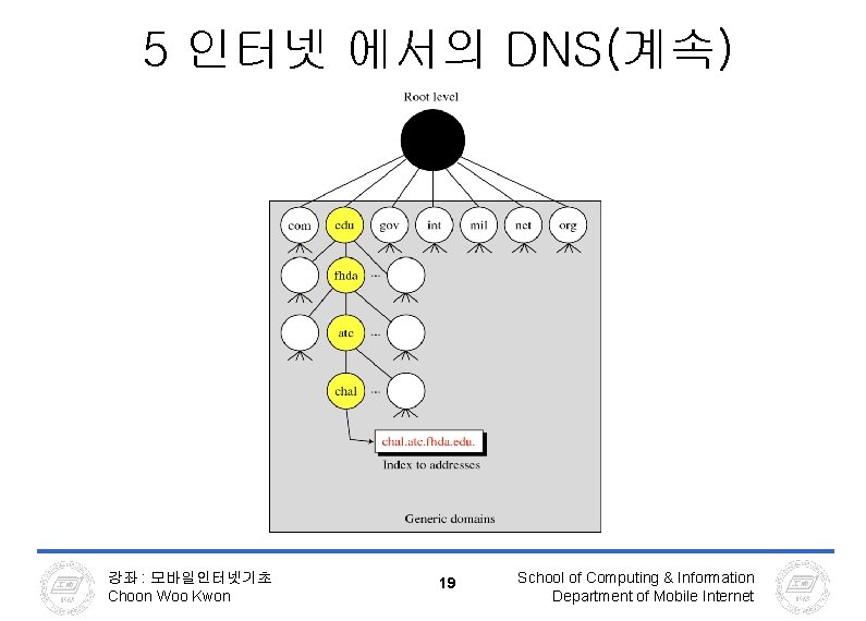 5 인터넷 에서의 DNS(계속) 강좌 : 모바일인터넷기초 Choon Woo Kwon 19 School of Computing 5 인터넷 에서의 DNS(계속) 강좌 : 모바일인터넷기초 Choon Woo Kwon 19 School of Computing