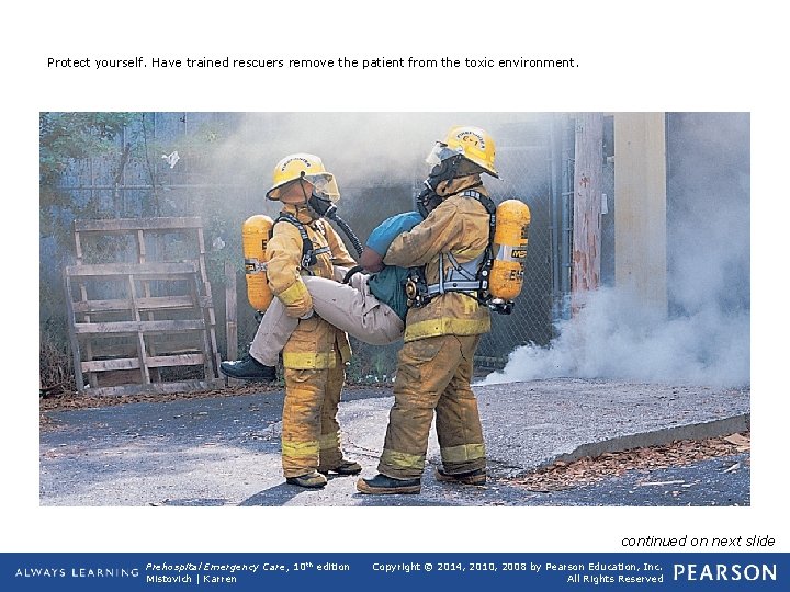 Protect yourself. Have trained rescuers remove the patient from the toxic environment. continued on