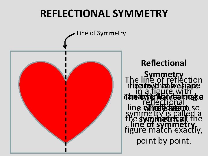 REFLECTIONAL SYMMETRY Line of Symmetry Reflectional Symmetry The line of reflection means that a