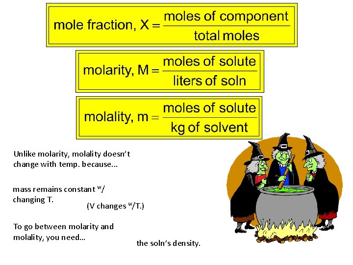 Unlike molarity, molality doesn’t change with temp. because. . . mass remains constant w/