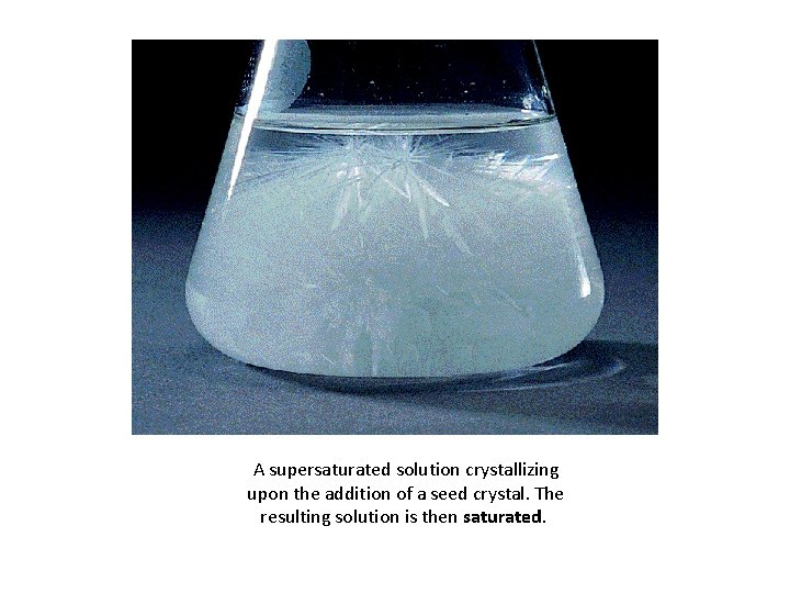 A supersaturated solution crystallizing upon the addition of a seed crystal. The resulting solution
