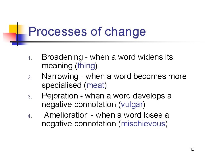 Processes of change 1. 2. 3. 4. Broadening - when a word widens its