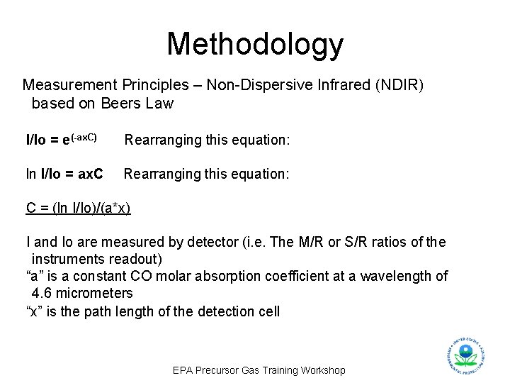 Methodology Measurement Principles – Non-Dispersive Infrared (NDIR) based on Beers Law I/Io = e(-ax.