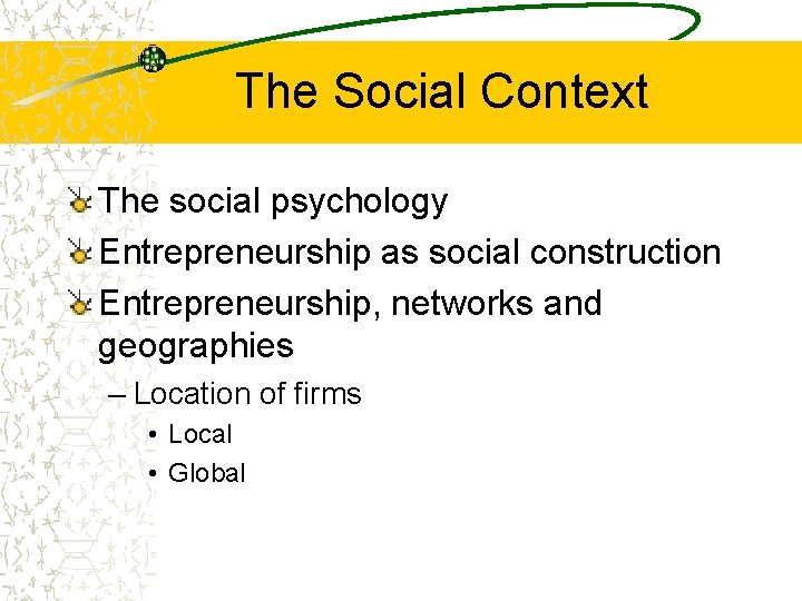 The Social Context The social psychology Entrepreneurship as social construction Entrepreneurship, networks and geographies