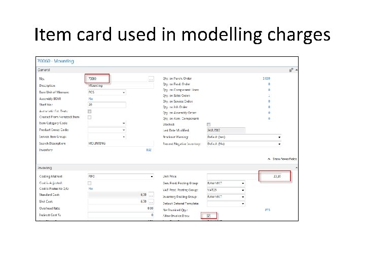 Item card used in modelling charges 