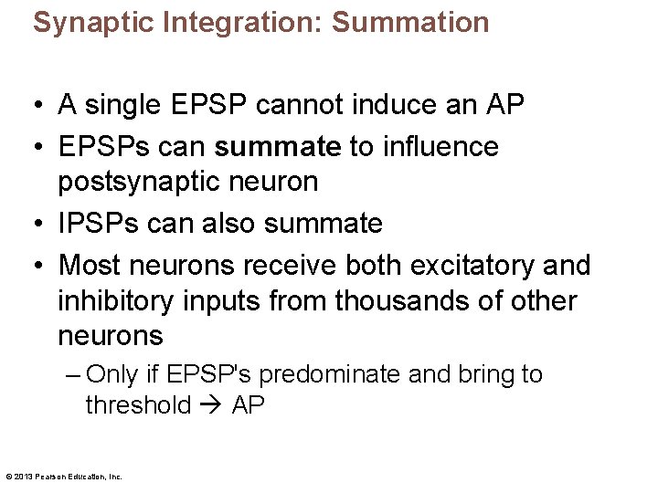 Synaptic Integration: Summation • A single EPSP cannot induce an AP • EPSPs can