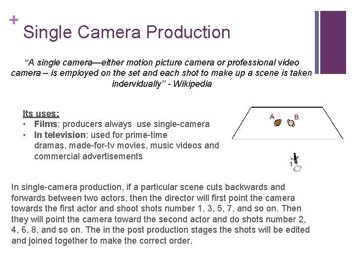 + Single Camera Production ‘‘A single camera—either motion picture camera or professional video camera