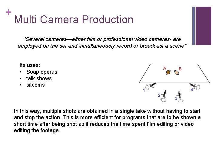 + Multi Camera Production ‘’Several cameras—either film or professional video cameras- are employed on