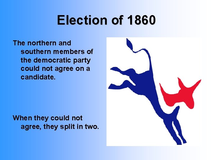 Election of 1860 The northern and southern members of the democratic party could not Election of 1860 The northern and southern members of the democratic party could not