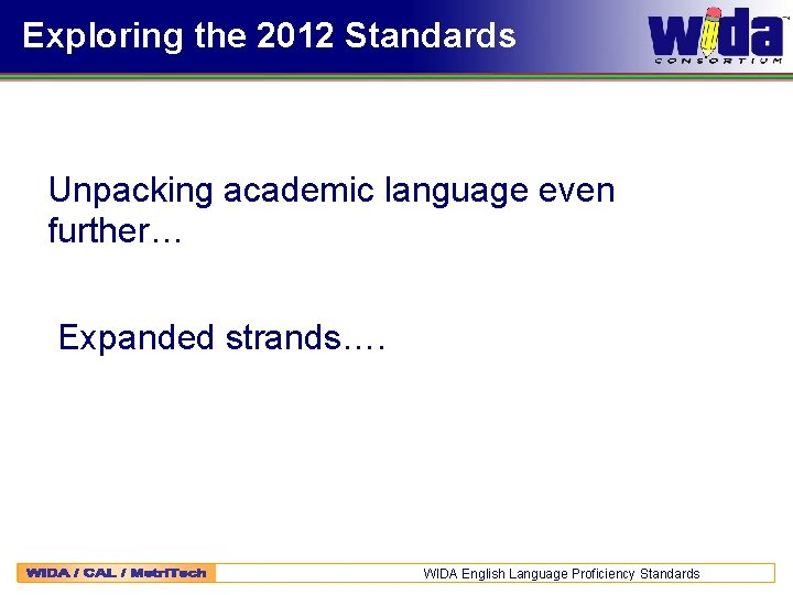 Exploring the 2012 Standards Unpacking academic language even further… Expanded strands…. WIDA English Language
