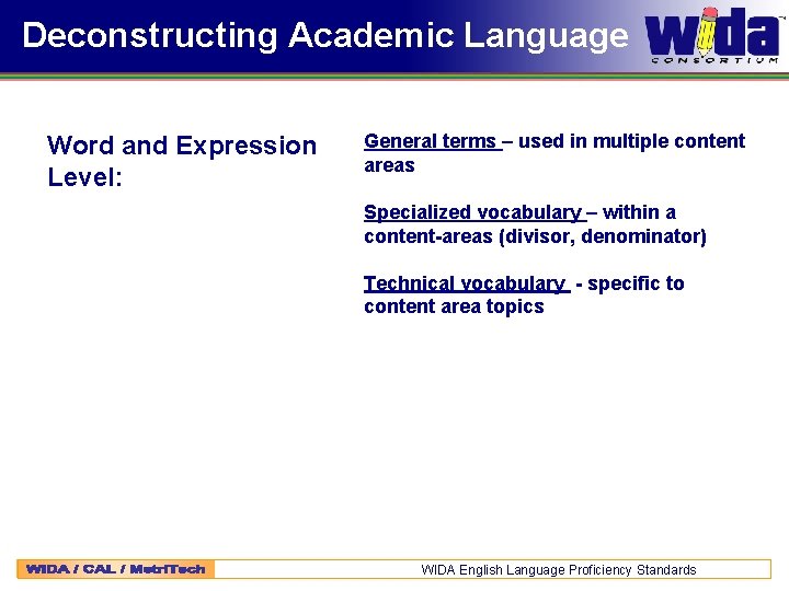 Deconstructing Academic Language Word and Expression Level: General terms – used in multiple content
