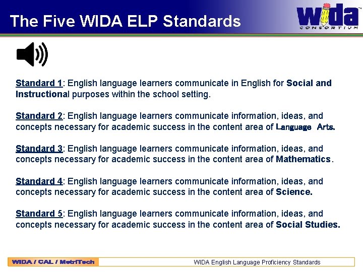 The Five WIDA ELP Standards Standard 1: English language learners communicate in English for
