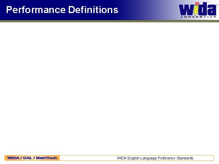 Performance Definitions WIDA English Language Proficiency Standards 