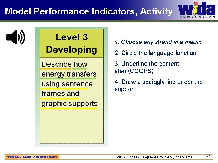 Model Performance Indicators, Activity 1. Choose any strand in a matrix 2. Circle the