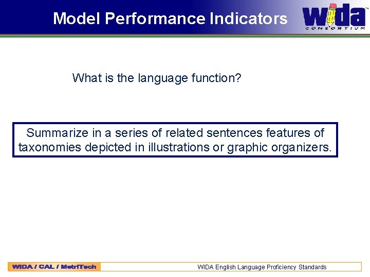 Model Performance Indicators What is the language function? Summarize in a series of related