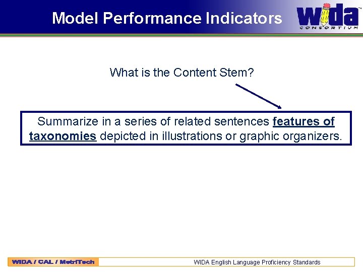 Model Performance Indicators What is the Content Stem? Summarize in a series of related