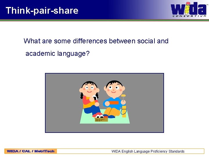 Think-pair-share What are some differences between social and academic language? WIDA English Language Proficiency