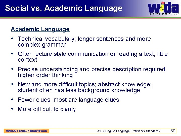 Social vs. Academic Language • Technical vocabulary; longer sentences and more complex grammar •
