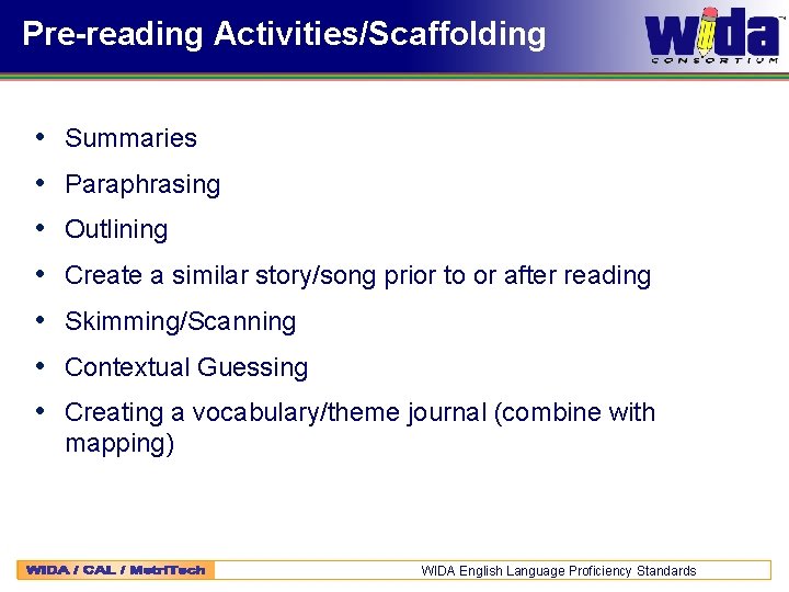 Pre-reading Activities/Scaffolding • Summaries • Paraphrasing • Outlining • Create a similar story/song prior