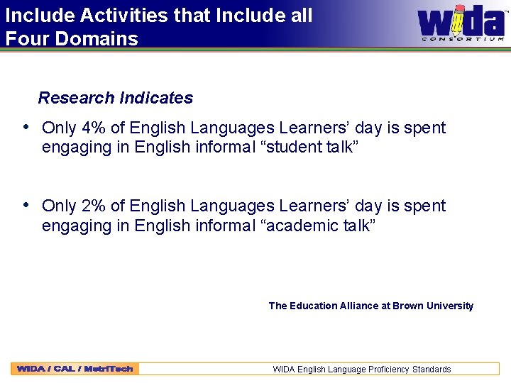 Include Activities that Include all Four Domains Research Indicates • Only 4% of English