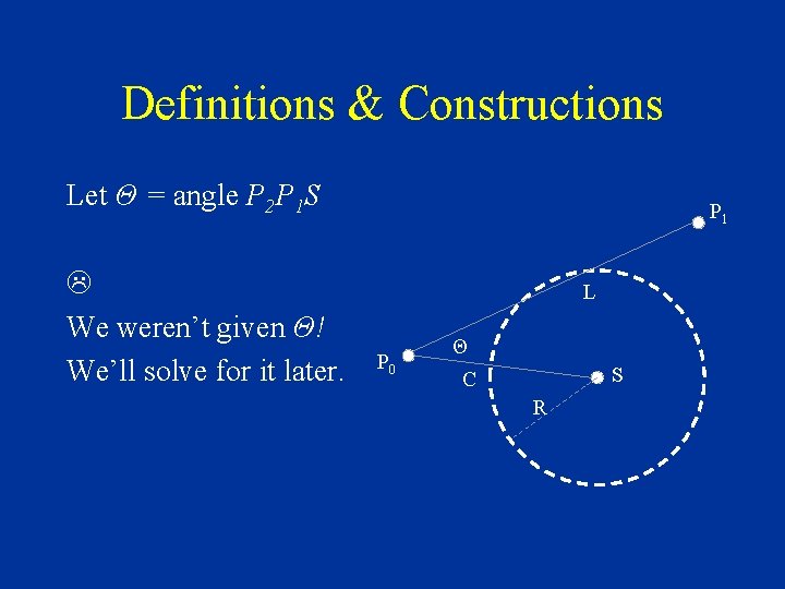 Definitions & Constructions Let Θ = angle P 2 P 1 S We weren’t