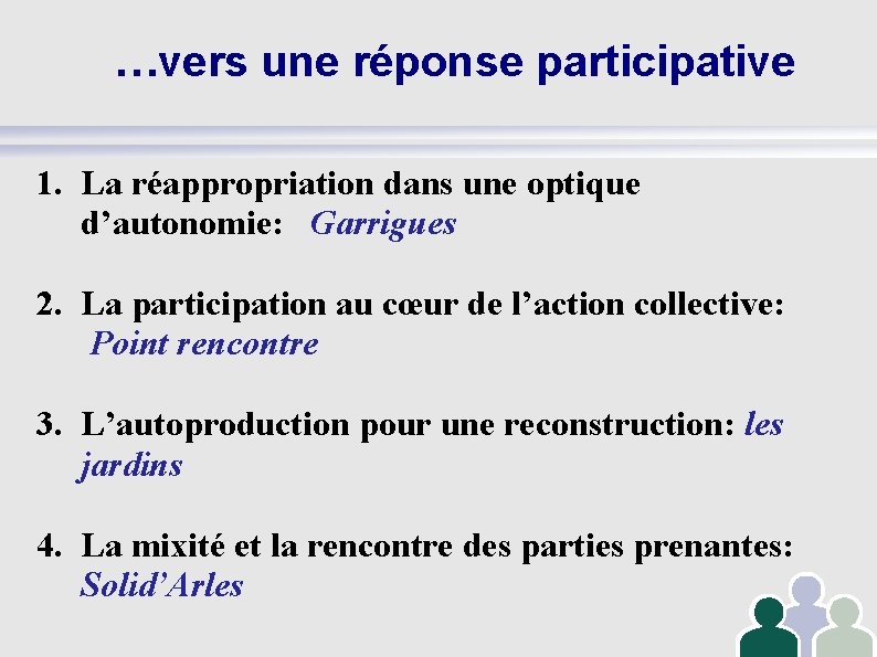 …vers une réponse participative 1. La réappropriation dans une optique d’autonomie: Garrigues 2. La