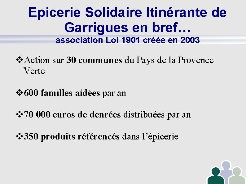 Epicerie Solidaire Itinérante de Garrigues en bref… association Loi 1901 créée en 2003 Action