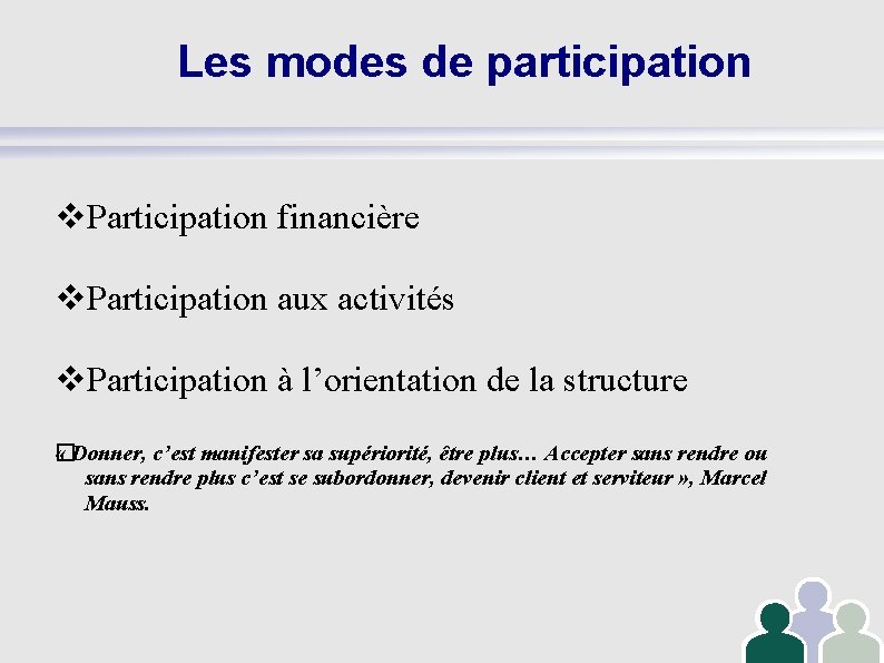  Les modes de participation Participation financière Participation aux activités Participation à l’orientation de